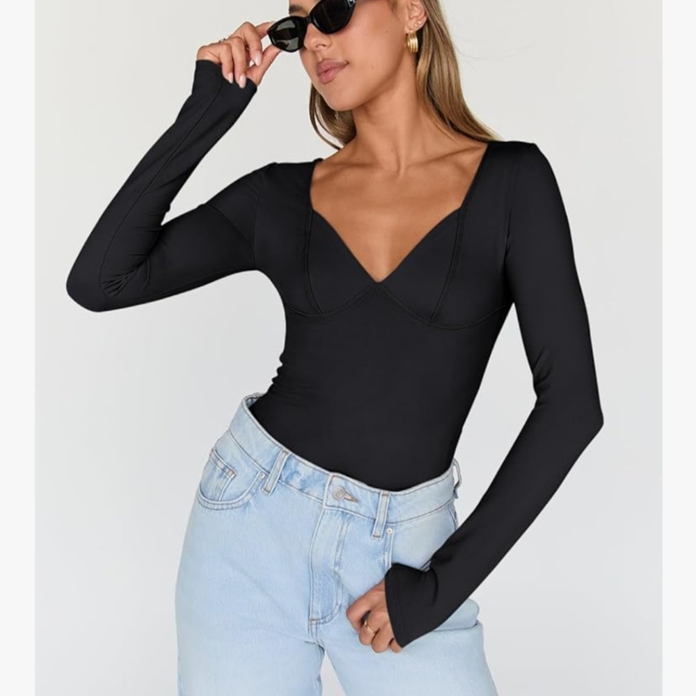 Elegant Black Long Sleeve Women's Top VNeck